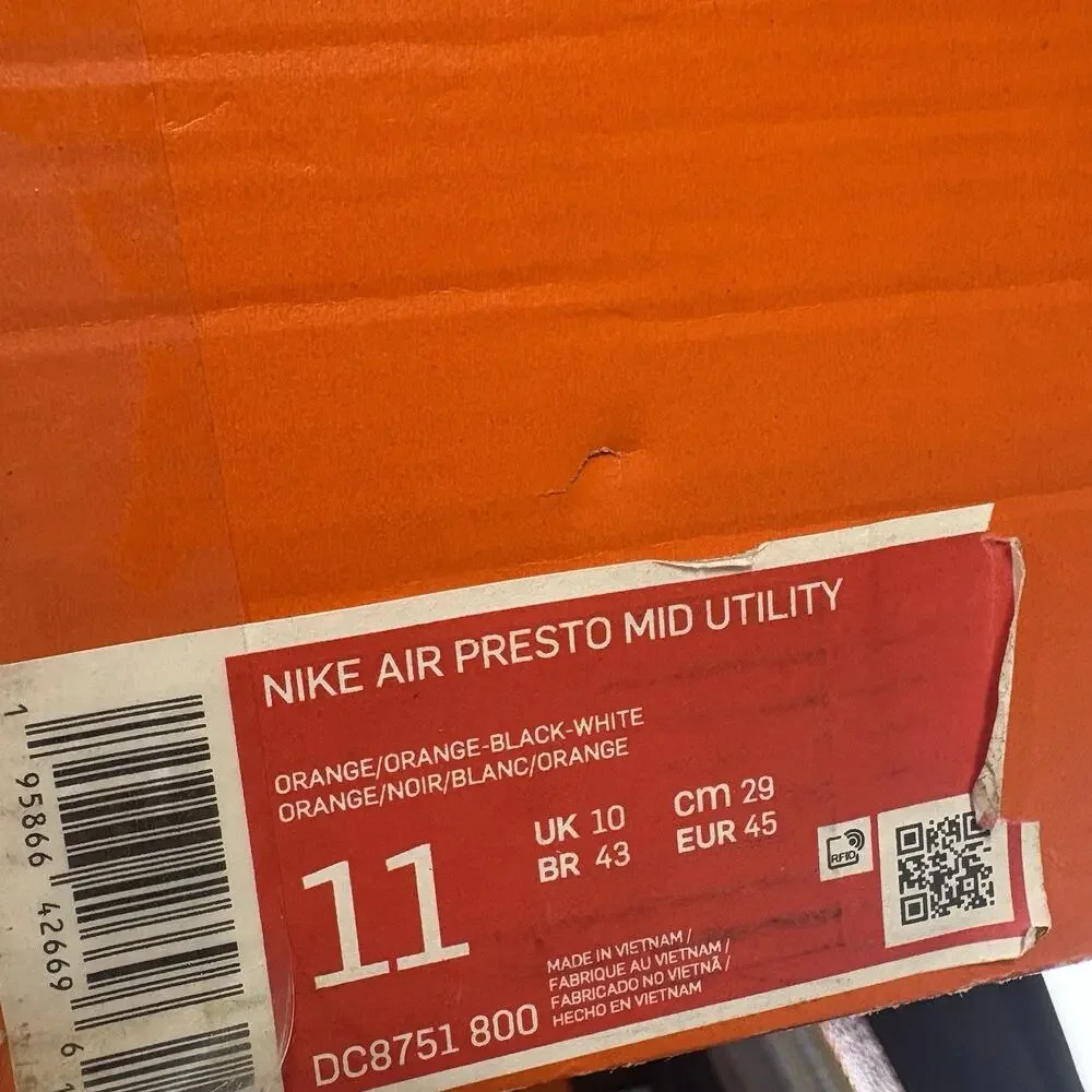 Nike Air Presto Mid Utility Men’s Size 11 Orange Black White Sneakers DC8751-800